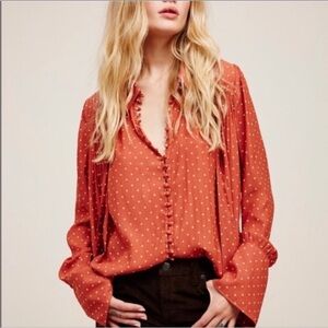 Free People Polka Kennedy Blouse Dot Orange Flare Sleeve Top Shirt Long Sleeve